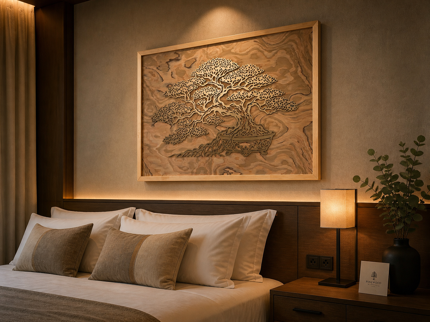 Handgefertigtes Bonsai Holz Wandbild aus Wildolive mit goldantik lackiertem Motiv und Rahmen aus Zirbelkiefer