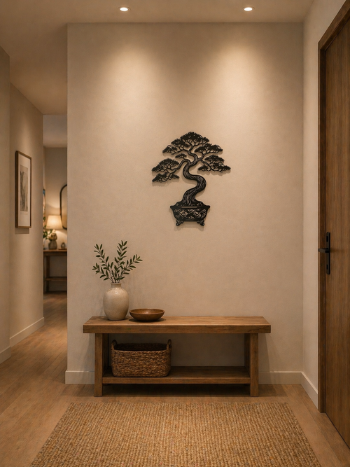 Minimalistisches Bonsai Holz Wandbild in dunkler Eiche Optik für moderne Wohnräume