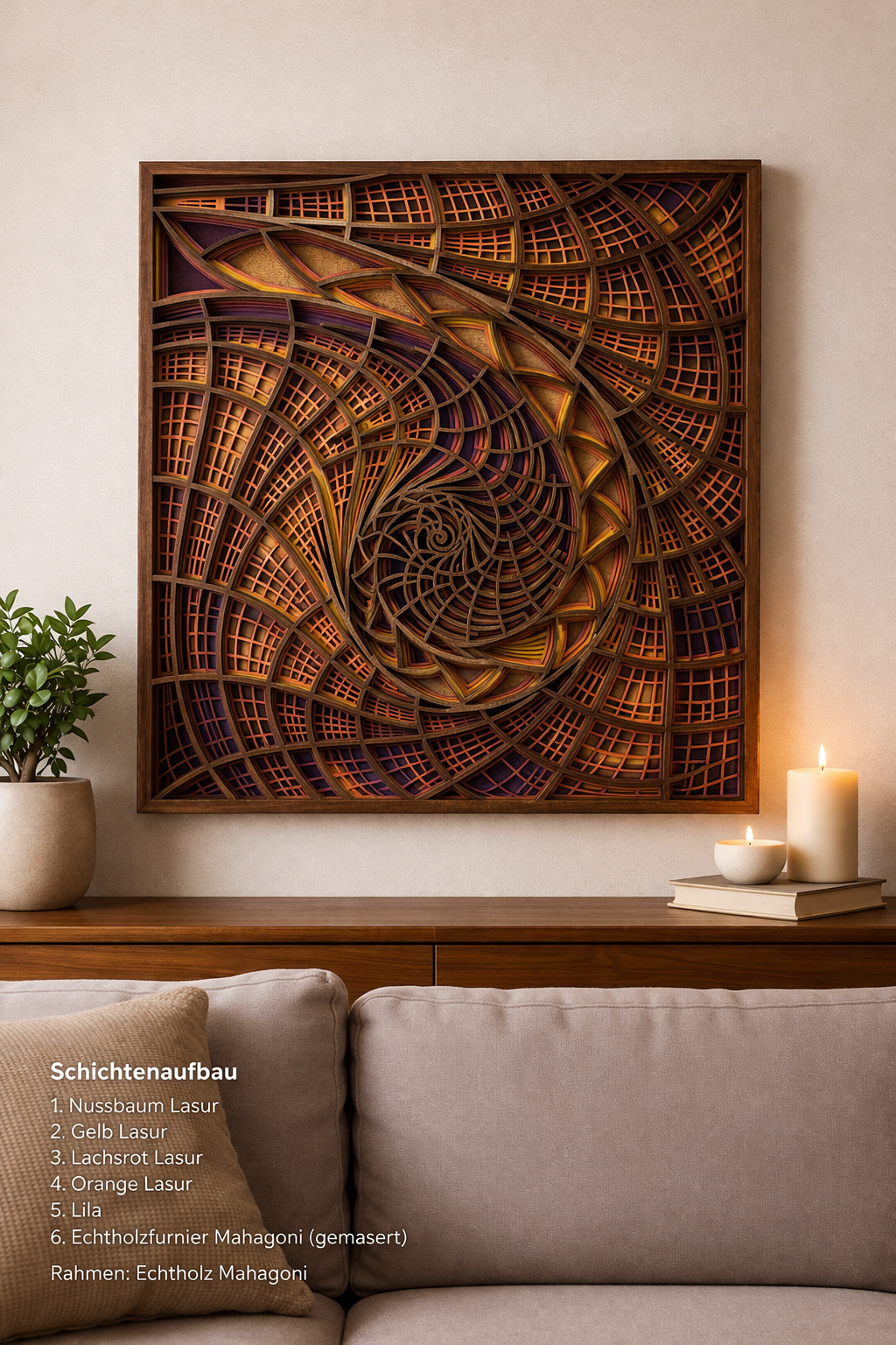 3D Holz Wandbild Spirale – Mehrschichtige geometrische Wandkunst aus Echtholz (Mahagoni)