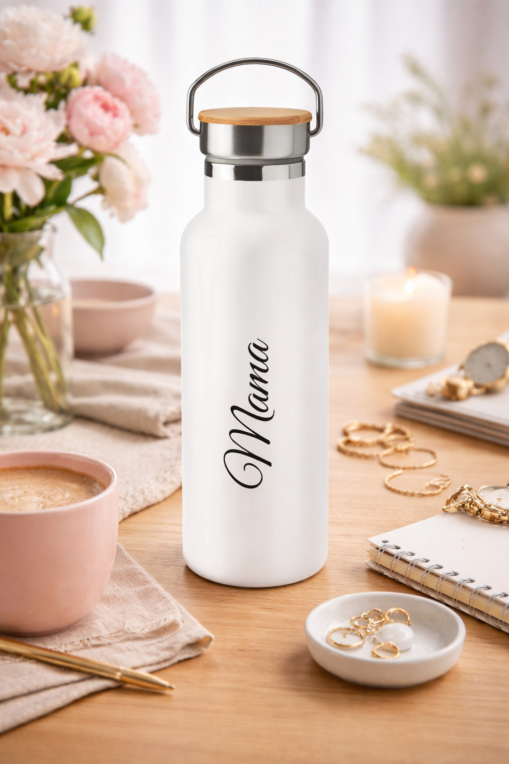 Edelstahl Trinkflasche mit Bambusdeckel | 500 ml | Personalisierbar