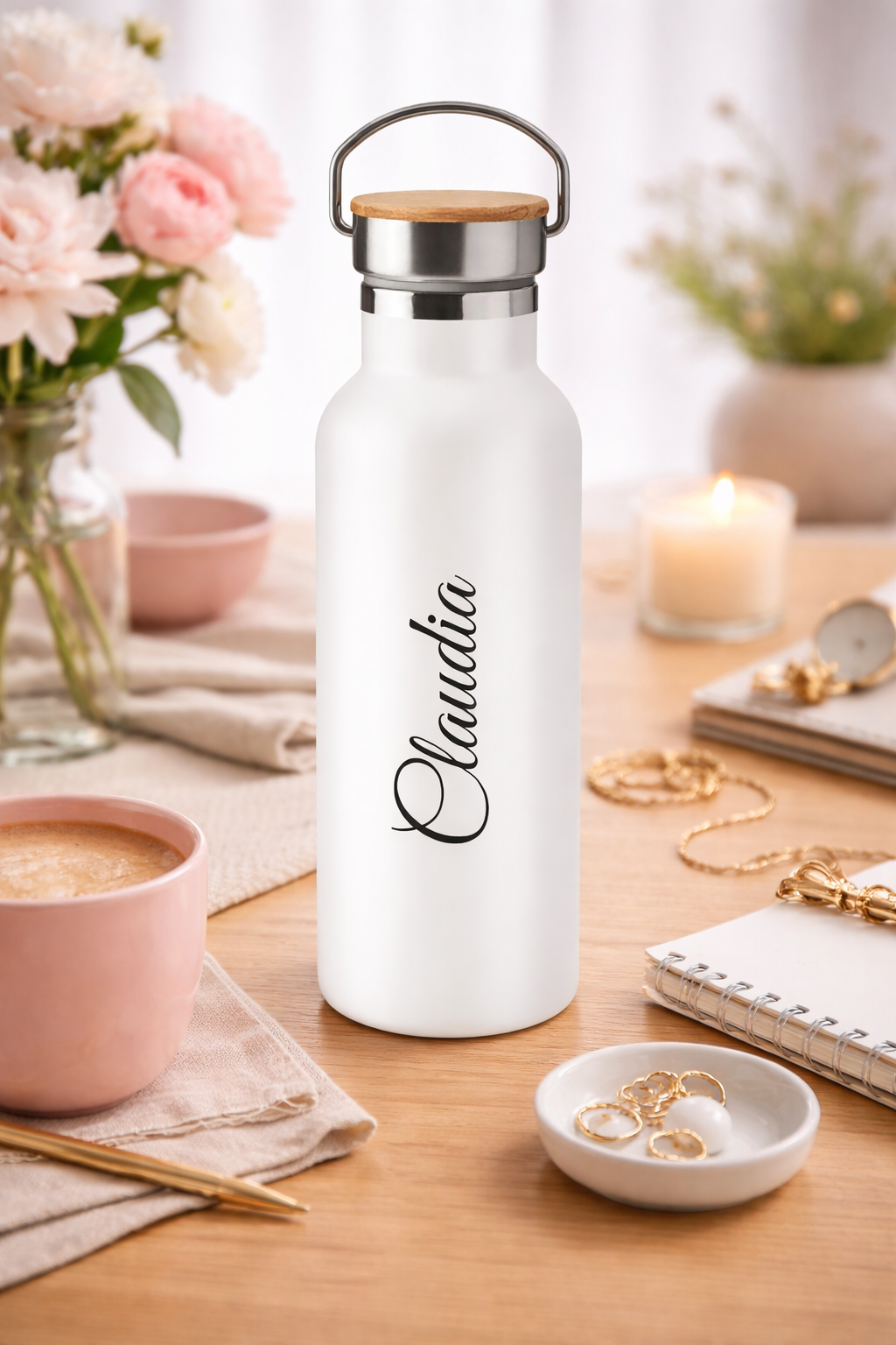 Edelstahl Trinkflasche mit Bambusdeckel | 500 ml | Personalisierbar