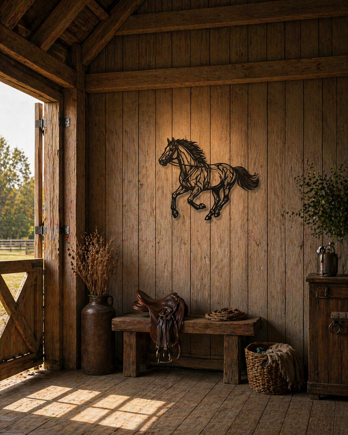 Elegantes Pferd Holz Wandbild mit filigraner Linienführung in dunkler Eiche Optik