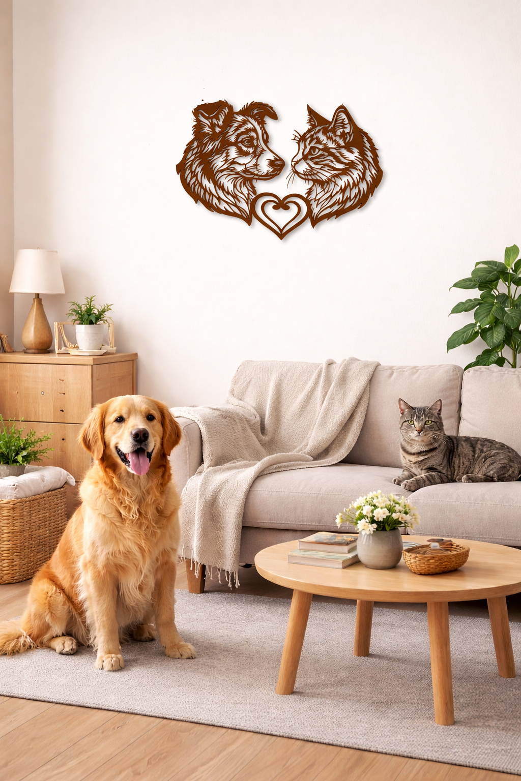 Wandbild Hund & Katze mit Herz – 58 x 45 cm – teak gebeizt & geölt