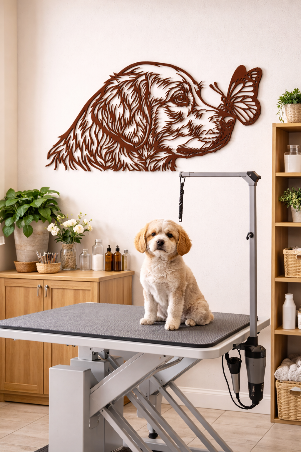 Filigranes Hund Holz Wandbild mit Schmetterling als moderne Tier Wanddeko