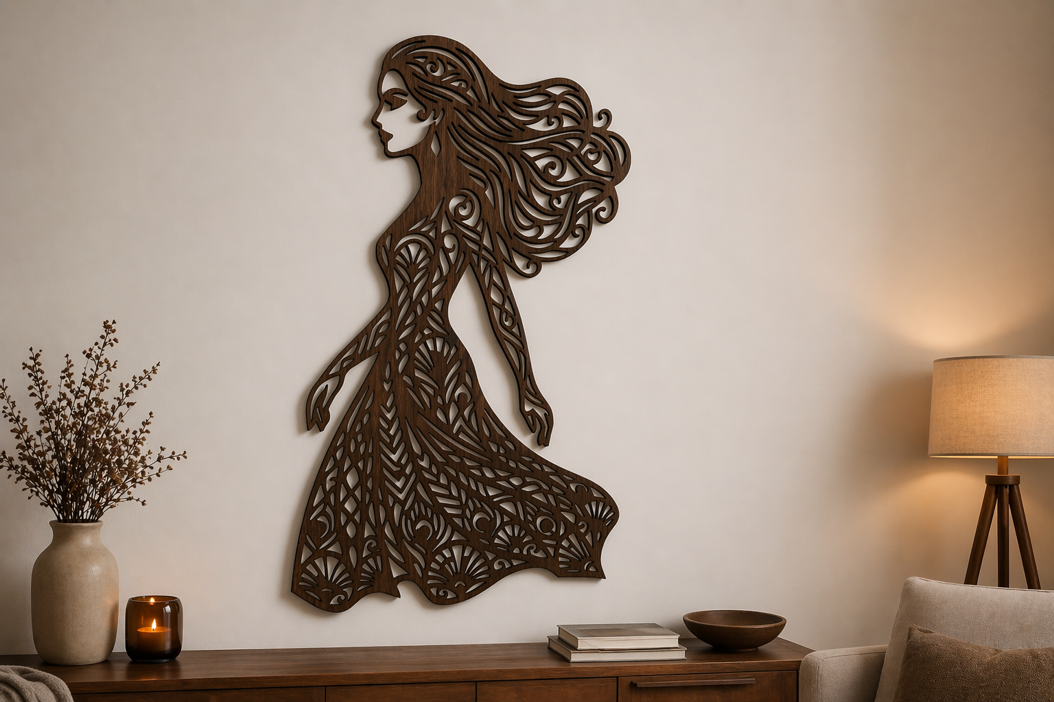 Elegantes Frauen Holz Wandbild mit filigraner Silhouette in dunkler Nussbaum Optik