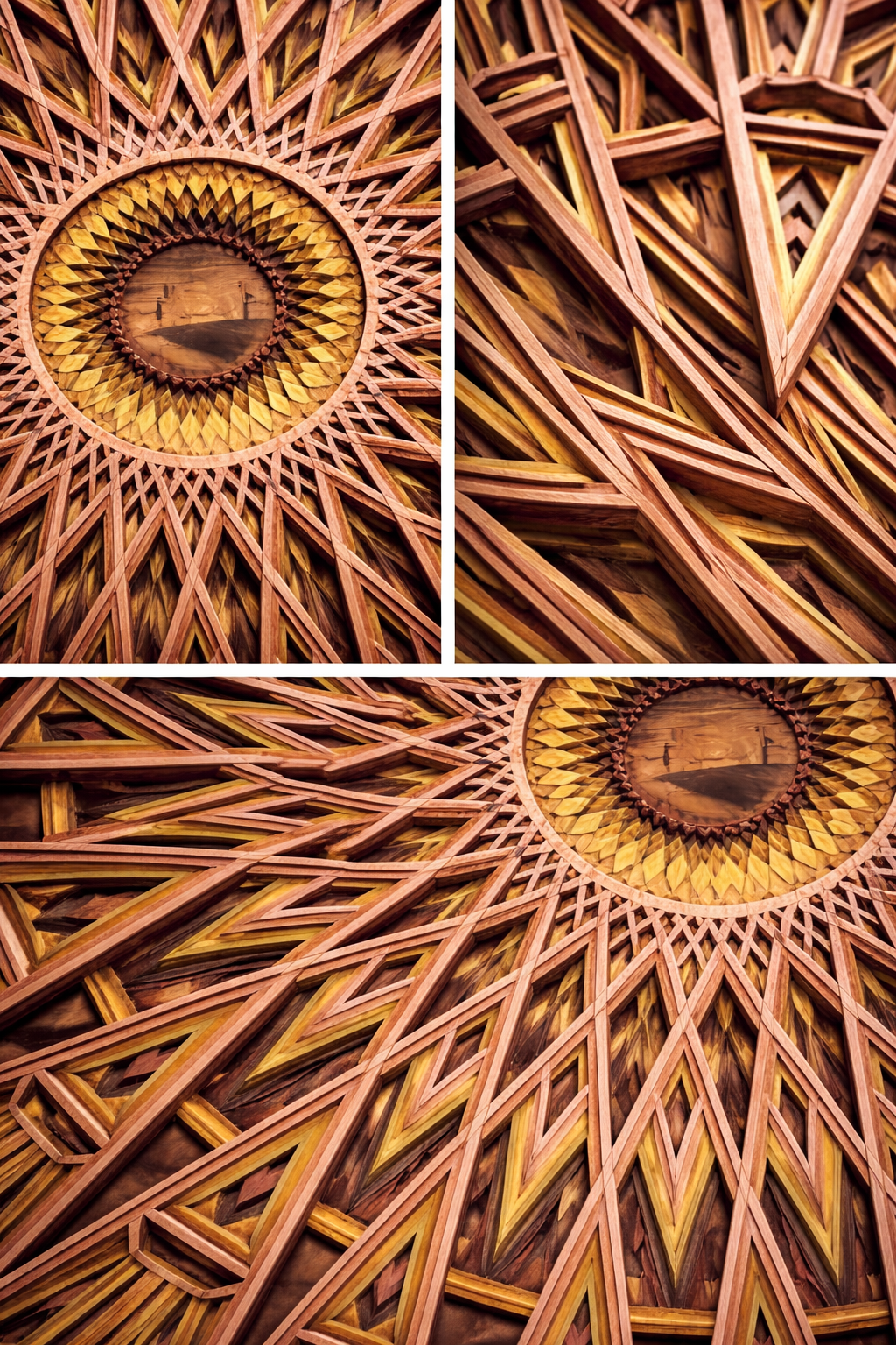Exklusives 3D Mandala Holz Wandbild mit geometrischem Design und Tigerwood Rahmen
