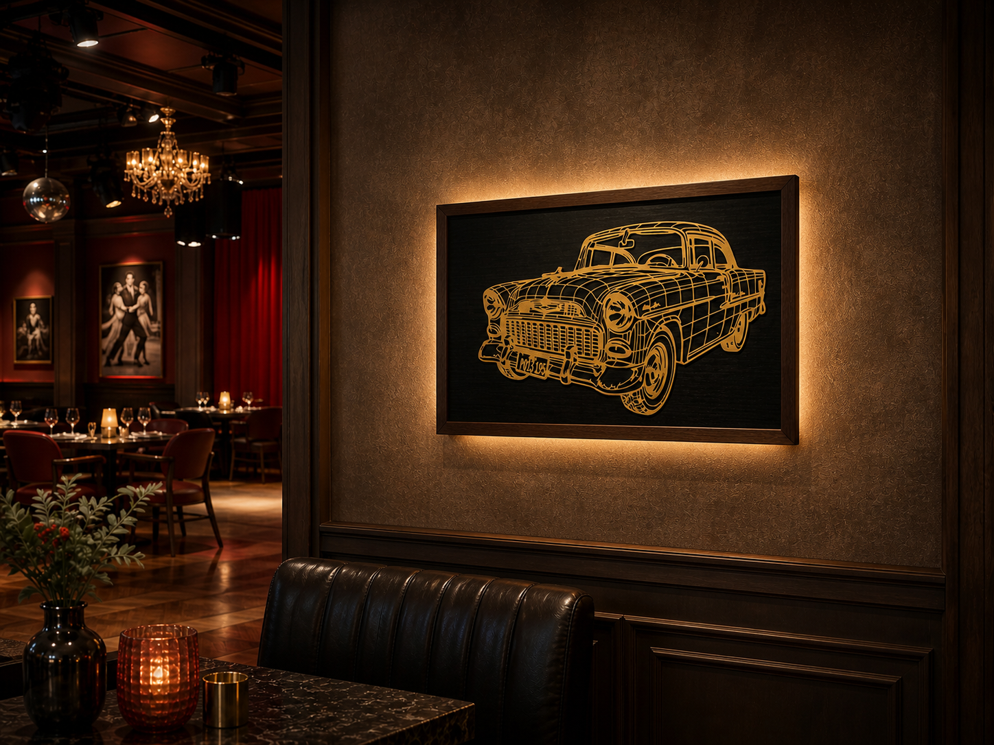 Handgefertigtes Oldtimer Holz Wandbild in Antik-Gold auf dunkler Mooreiche mit Wenge Rahmen