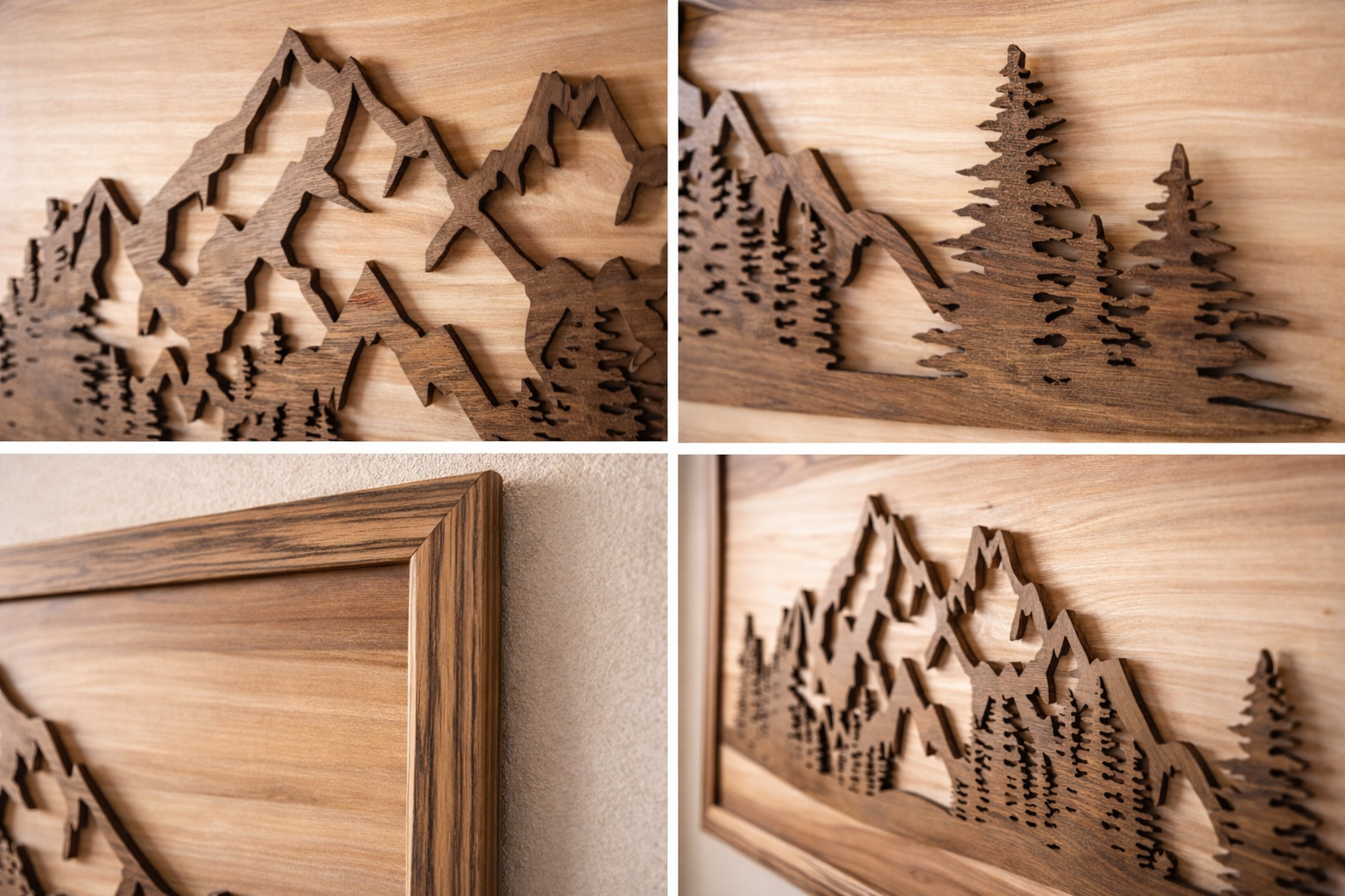 Handgefertigtes Holz Wandbild mit Berglandschaft aus Zebrano-Holz über modernem Kamin