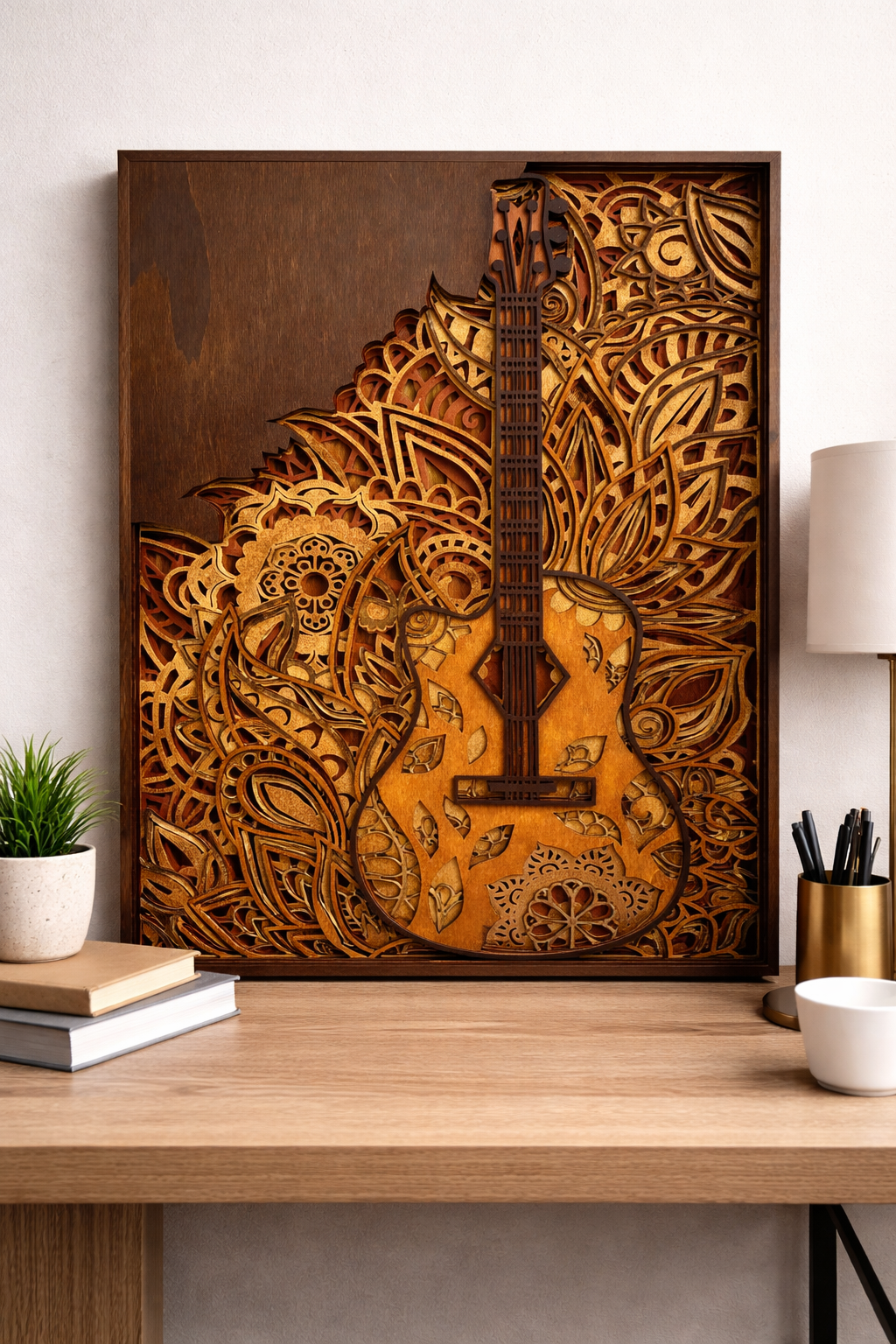 3D Holzkunst Wandbild „Gitarre“ – 7-lagiges Unikat mit Echtholz & Edel-Finishes