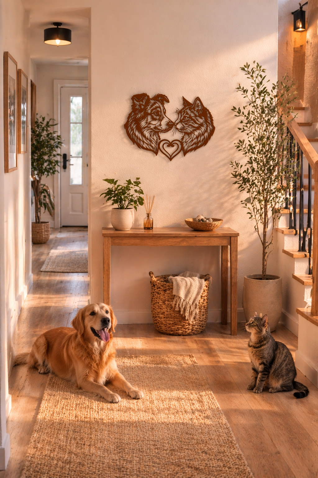 Hund Katze Holz Wandbild in warmer Teak Optik als moderne Tier Wanddeko