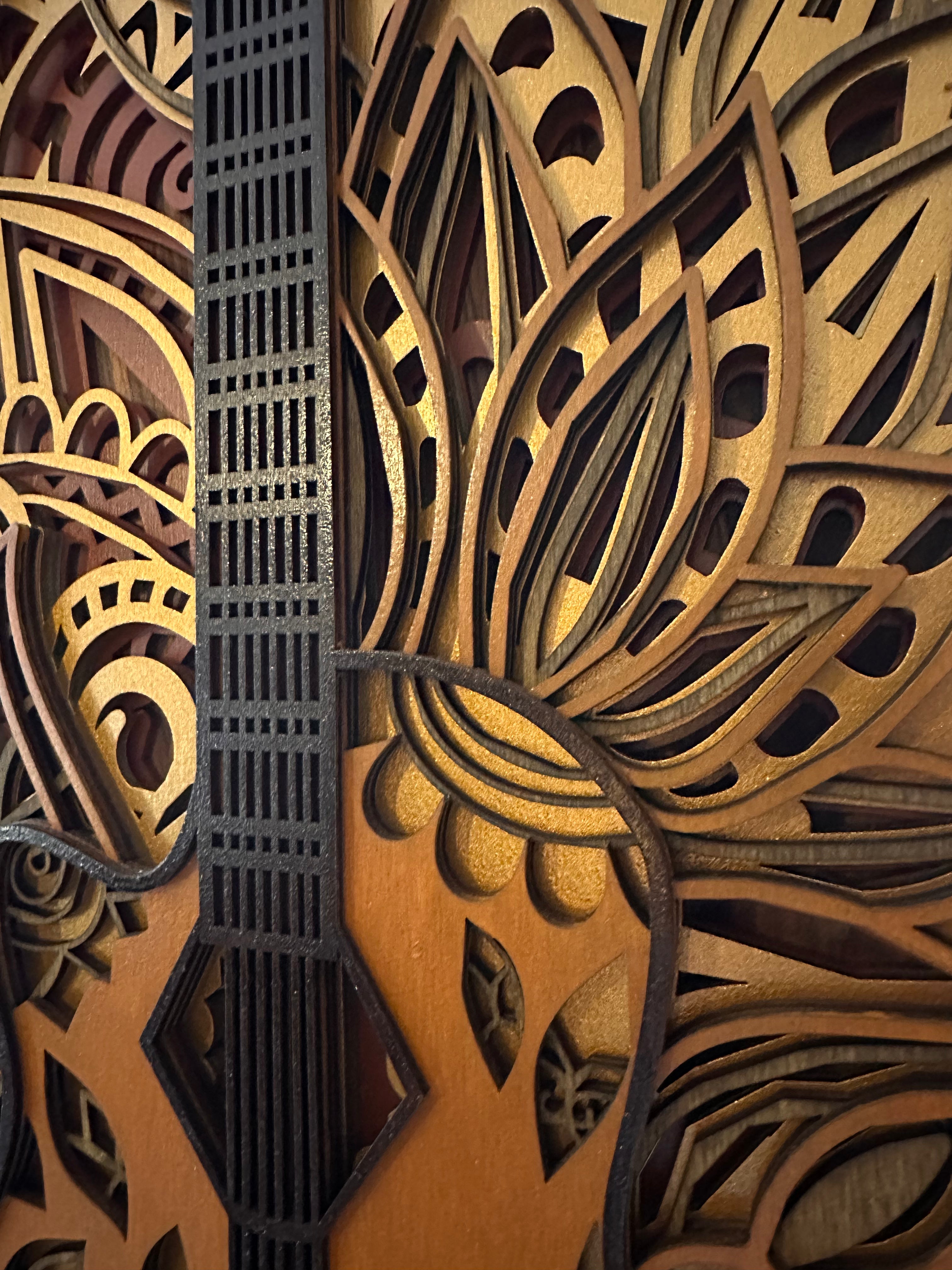 3D Holzkunst Wandbild „Gitarre“ – 7-lagiges Unikat mit Echtholz & Edel-Finishes