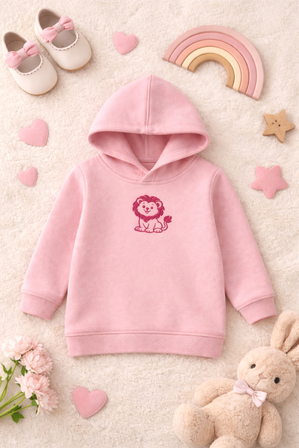 Kinder Hoodie mit Stickerei und Löwe rosa Motiv aus weichem Fleece für Kleinkinder