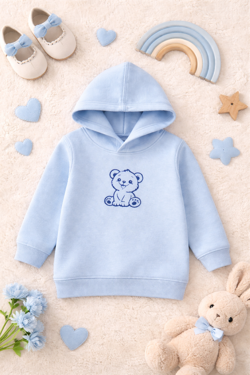 Kinder Hoodie mit Stickerei und bär blau Motiv aus weichem Fleece für Kleinkinder