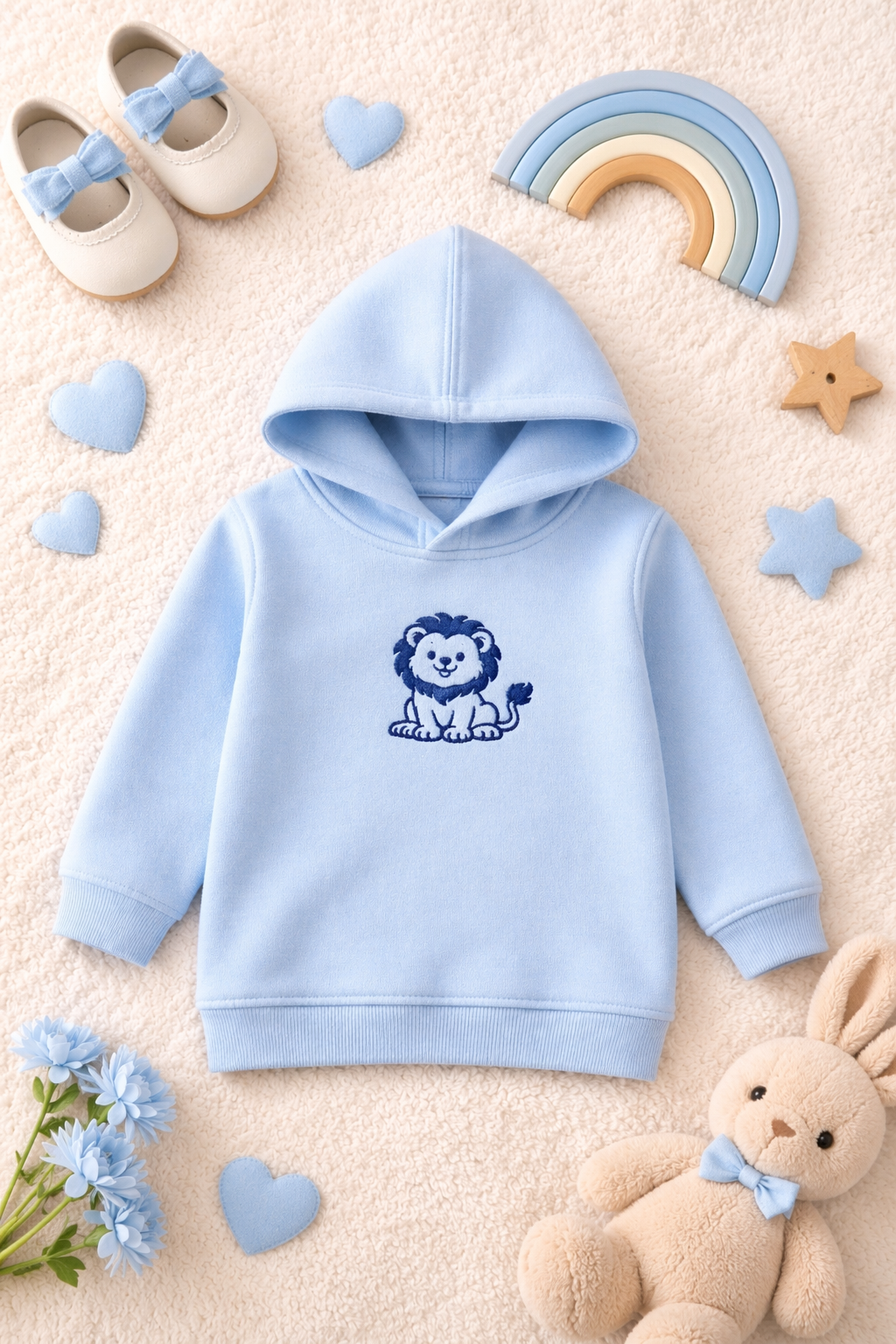 Kinder Hoodie mit Stickerei und löwe blau Motiv aus weichem Fleece für Kleinkinder