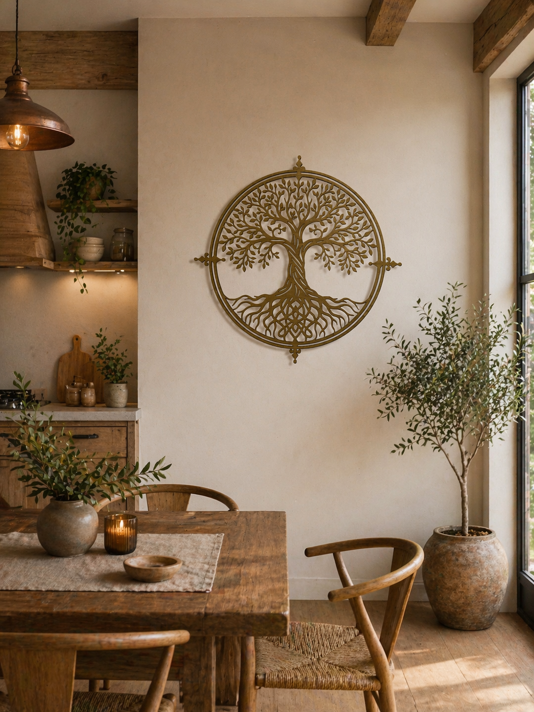 Rundes Lebensbaum Holz Wandbild in heller Nussbaum Optik mit filigranem Baum Motiv