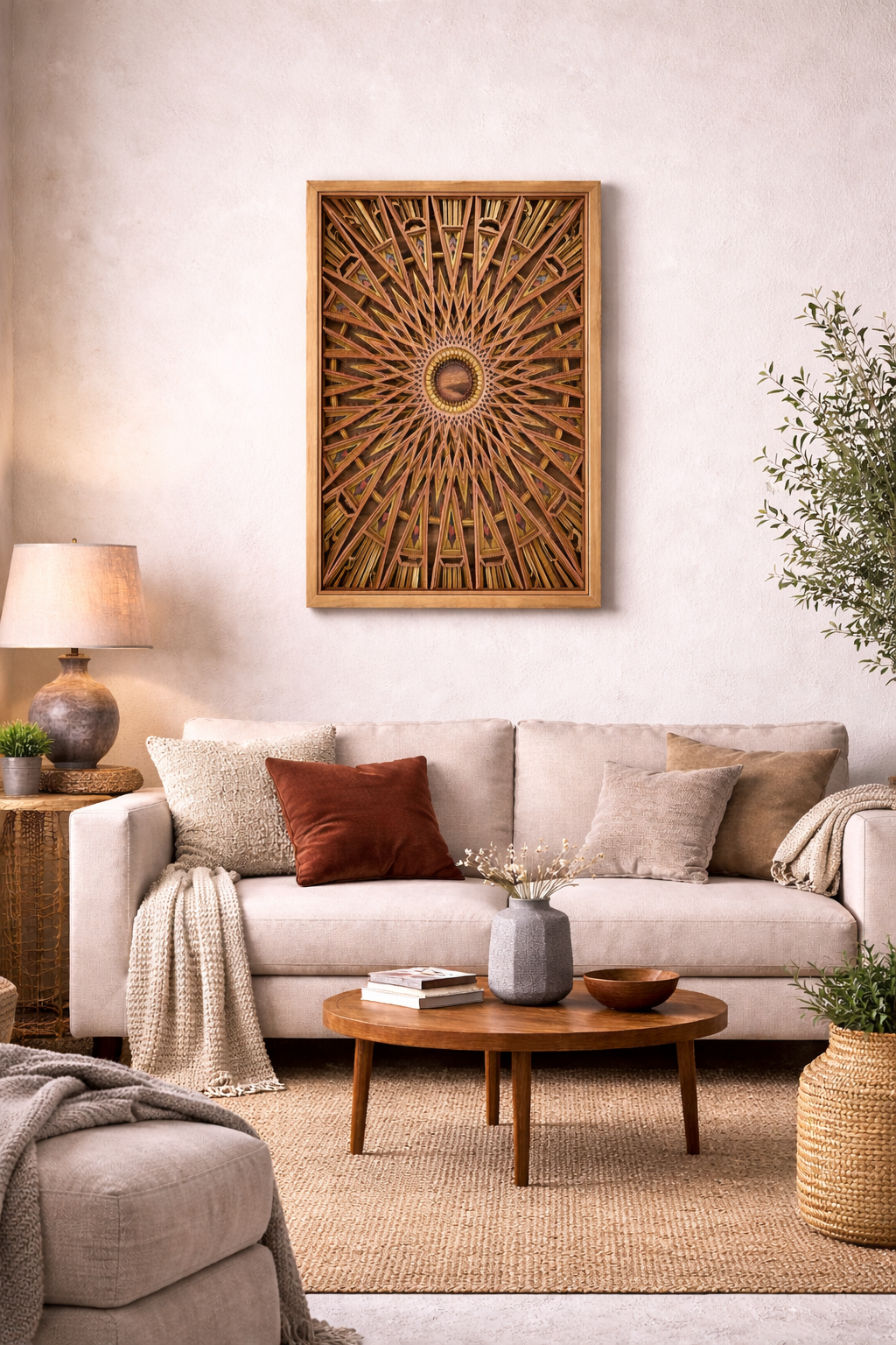 Exklusives 3D Mandala Holz Wandbild mit geometrischem Design und Tigerwood Rahmen