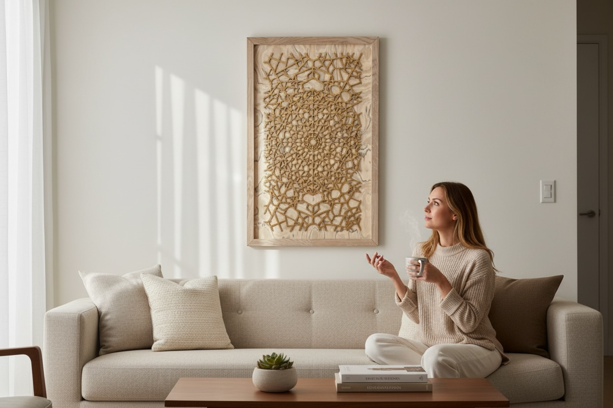 Modernes Holz Wandbild mit goldener geometrischer Form auf Wildolive Echtholzfurnier