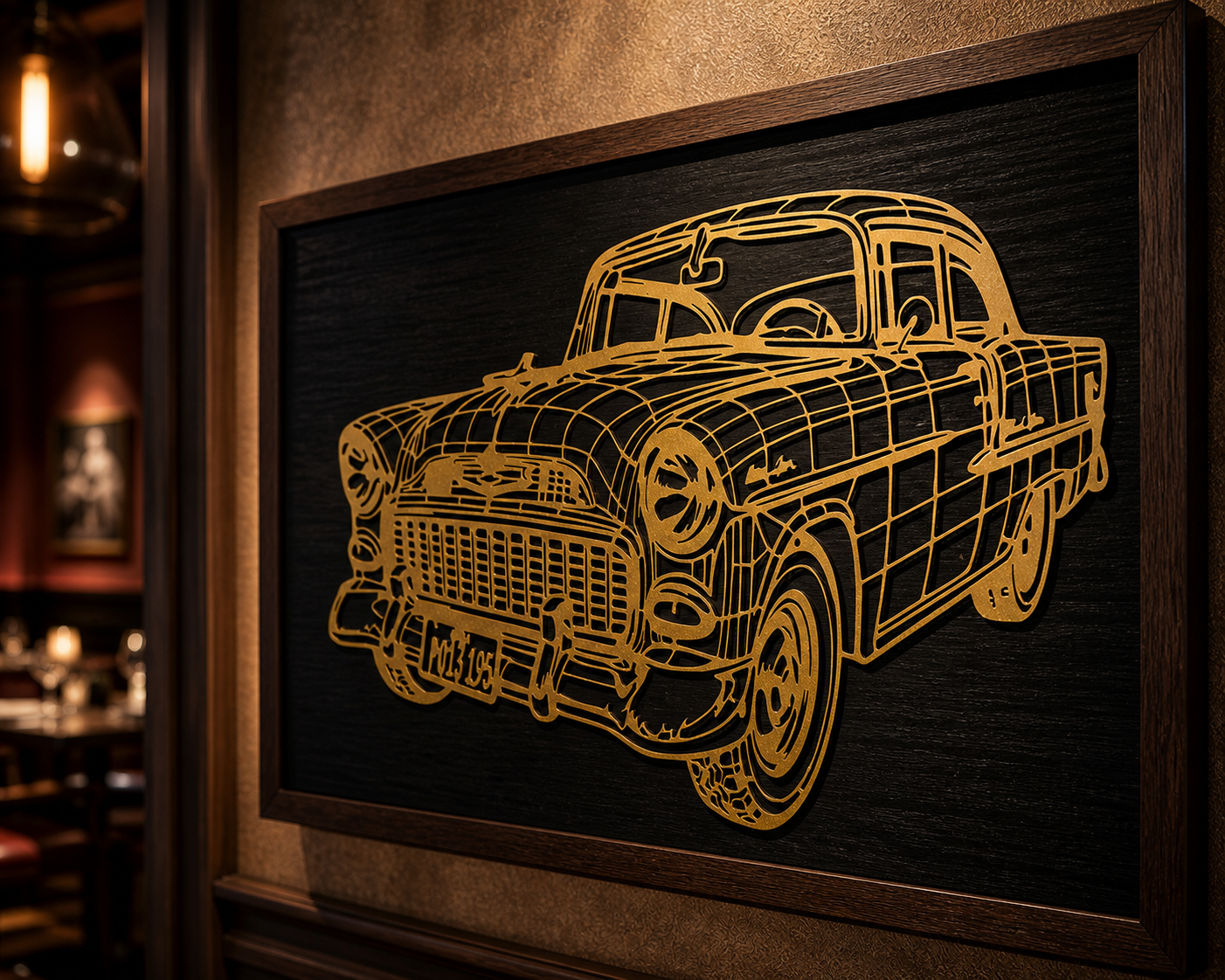 Handgefertigtes Oldtimer Holz Wandbild in Antik-Gold auf dunkler Mooreiche mit Wenge Rahmen