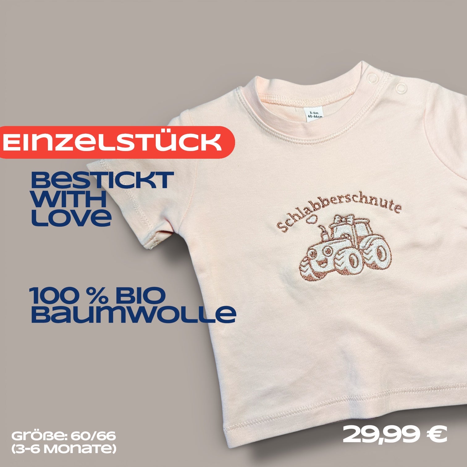 Baby Shirt bestickt – Traktor Motiv | 100% Bio Baumwolle | Größe 60/66