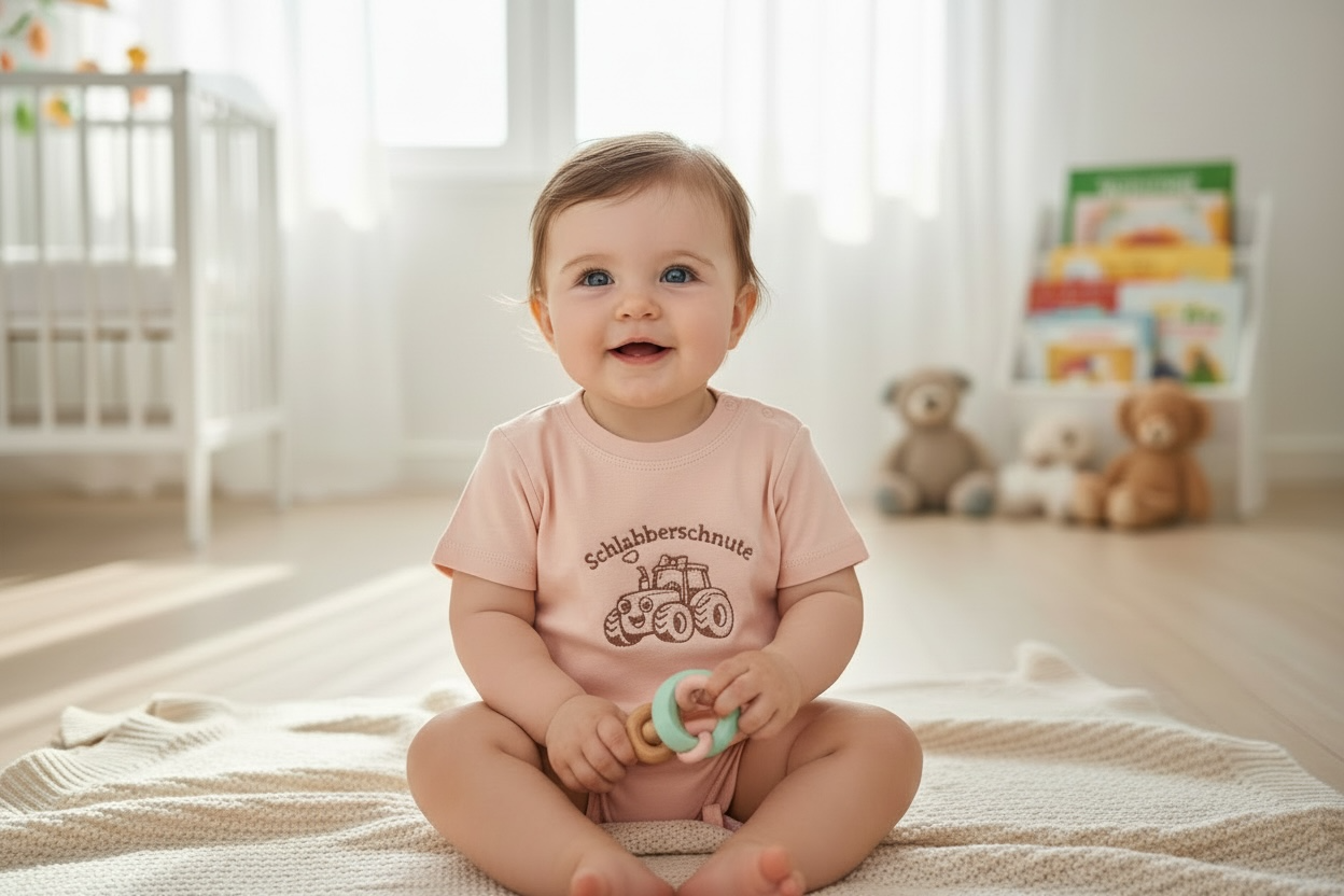 Baby Shirt bestickt – Traktor Motiv | 100% Bio Baumwolle | Größe 60/66