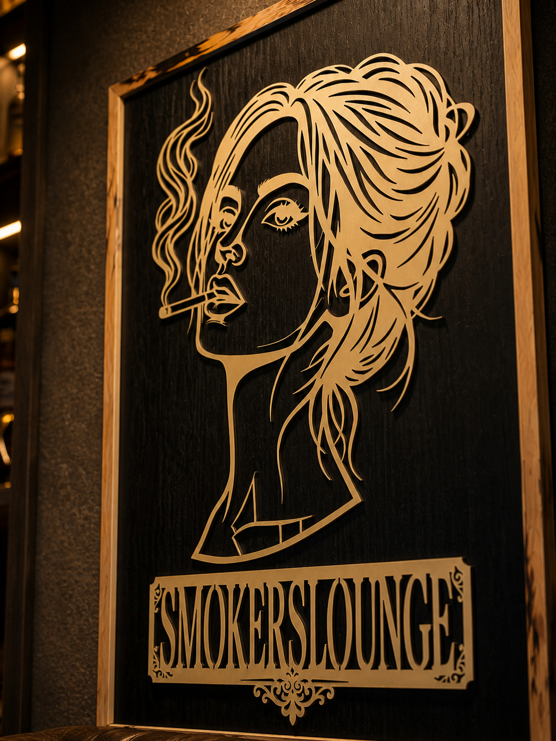 Handgefertigtes Smokers Lounge Holz Wandbild aus Mooreiche mit elfenbeinfarbenem Motiv und Birnbaum Rahmen