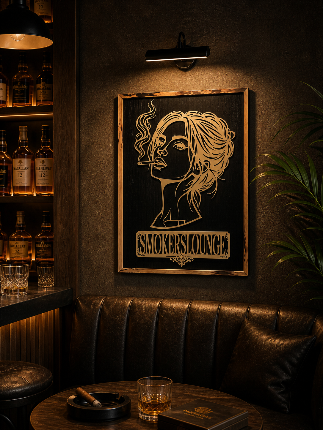 Handgefertigtes Smokers Lounge Holz Wandbild aus Mooreiche mit elfenbeinfarbenem Motiv und Birnbaum Rahmen