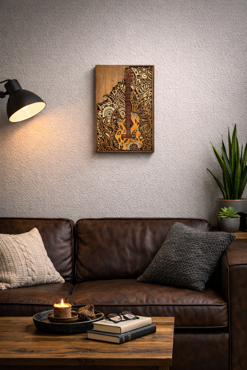 3D Holzkunst Wandbild „Gitarre“ – mehrlagiges Unikat aus 8 Holzlagen