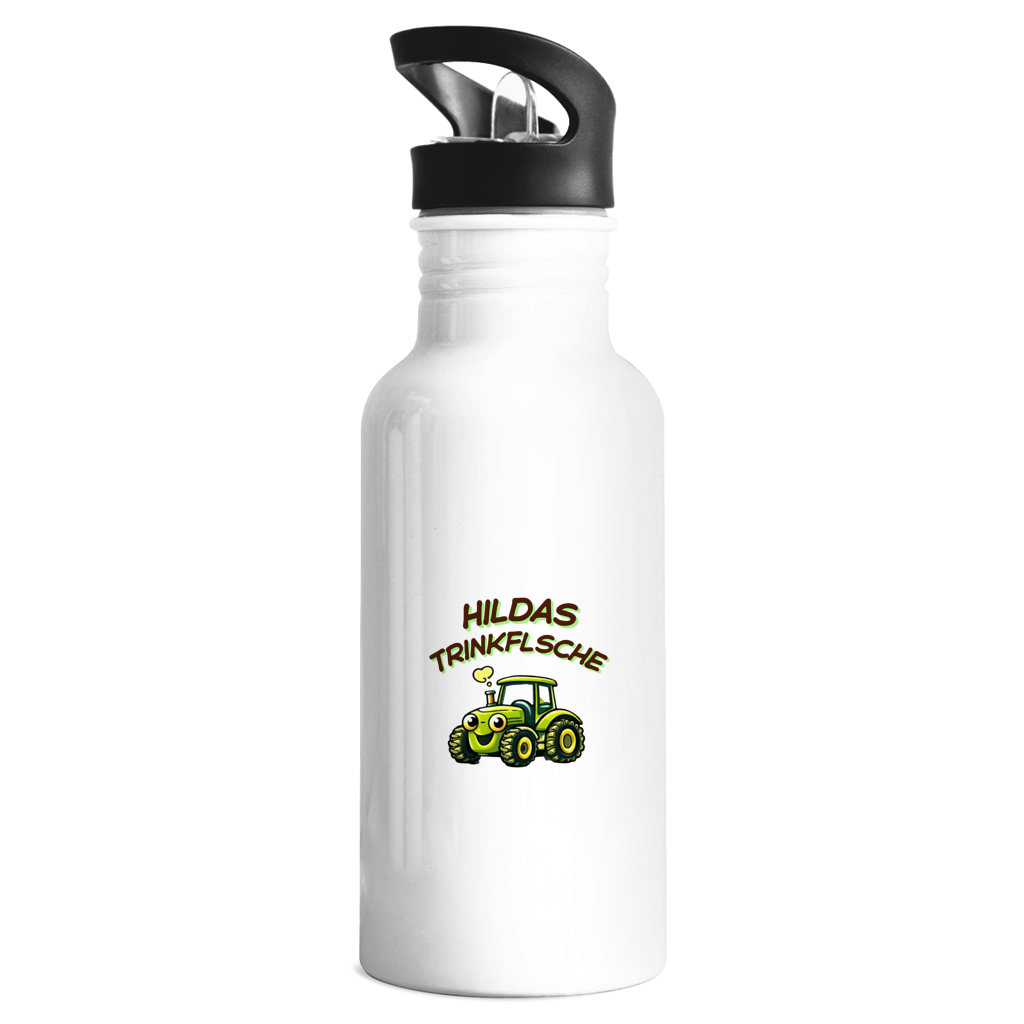 Personalisierte weiße Edelstahl Trinkflasche mit Traktor Motiv für Kinder und Wunschname