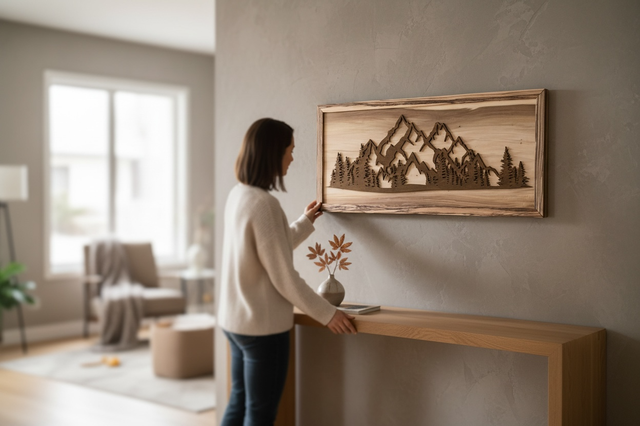 Handgefertigtes Holz Wandbild mit Berglandschaft aus Zebrano-Holz über modernem Kamin