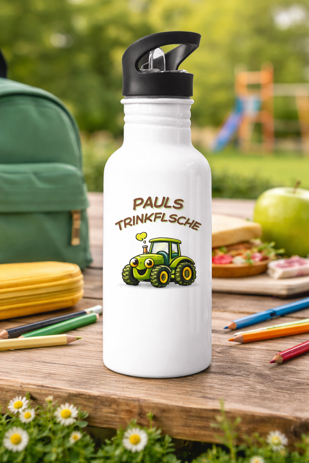 Personalisierte weiße Edelstahl Trinkflasche mit Traktor Motiv für Kinder und Wunschname