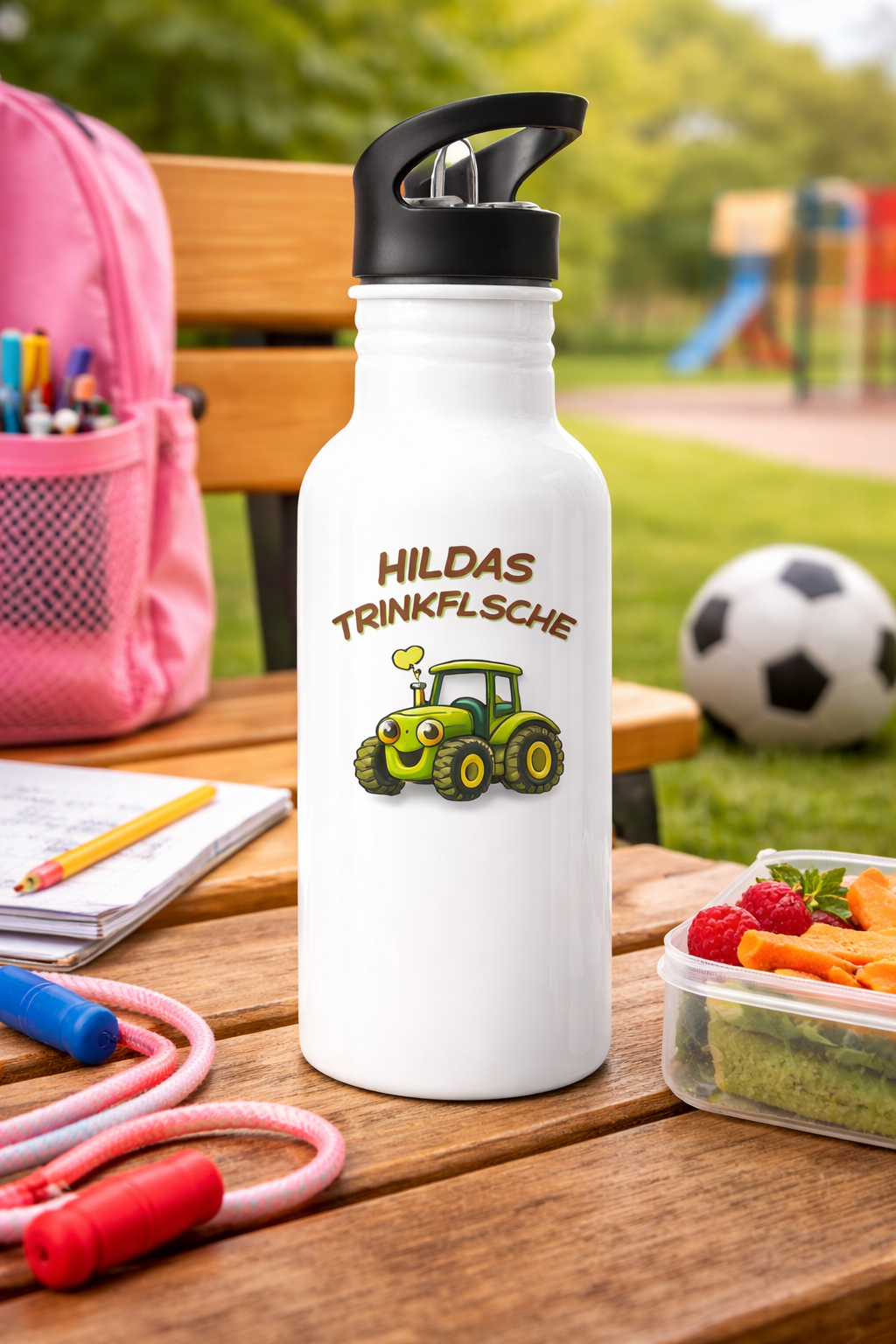 Personalisierte weiße Edelstahl Trinkflasche mit Traktor Motiv für Kinder und Wunschname